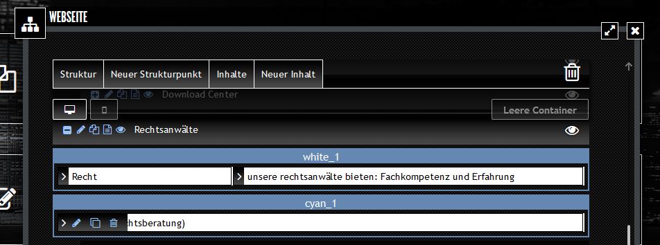 Abb. 3: Webseiten-Struktur mit Icons zum Bearbeiten des Inhalts